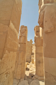 Hathorian column column in the mortuary temple of Hatshepsut  located opposite the city of Luxor, Egypt