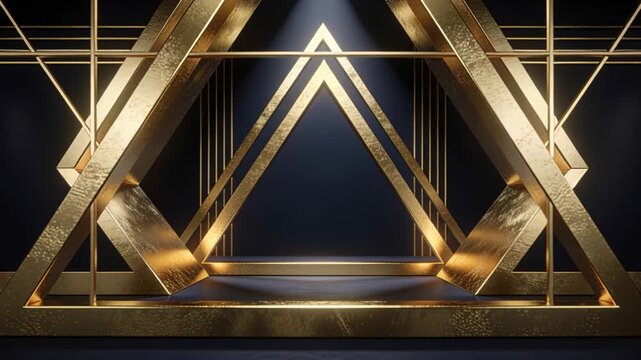 Moving camera dollying to nested gold triangular frames on stage, spotlight accentuating gold sheen