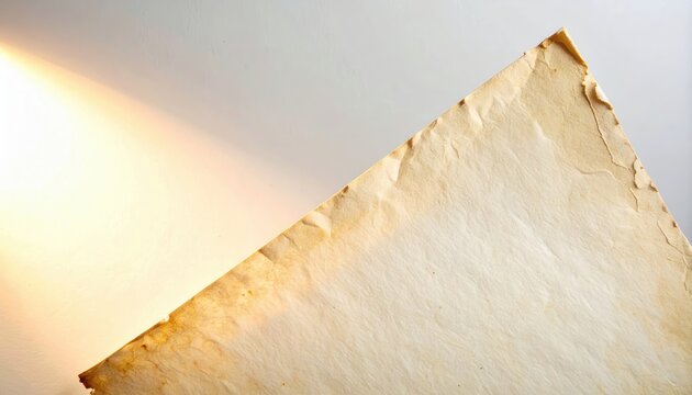 Primer plano de borde de papel antiguo, pergamino amarillento con luz brillante y textura rugosa.