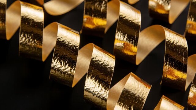 Shifting lights sending highlights across gold curled ribbons in studio, revealing form