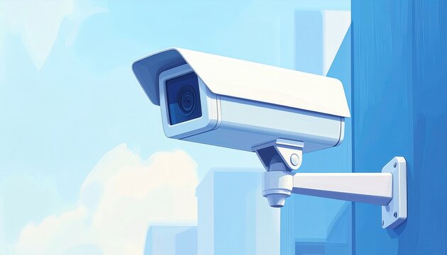 C&aacute;mara de vigilancia blanca montada en pared exterior con fondo abstracto de edificios azules.
