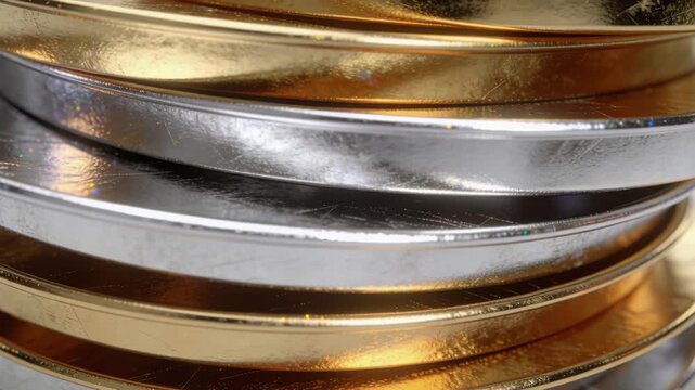 Metal disc stack reacting to shifting lights, showing moving highlights and scratches for marketing