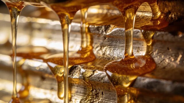 Vertical video: Amber syrup forming droplets on ridged metal, gravity pulling pools for food