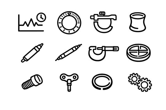A set of twelve minimalist line icons representing industrial