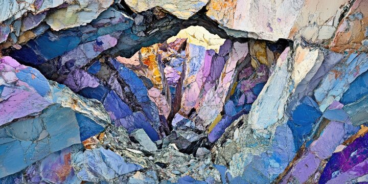 Textura abstracta de roca mineral iridiscente con tonos azules, morados y ocres que forman una cueva.