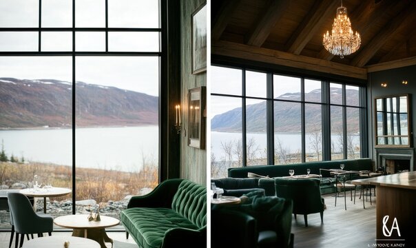 Interior de restaurante lujoso con ventanales amplios que muestran un paisaje monta&ntilde;oso y lago sereno.