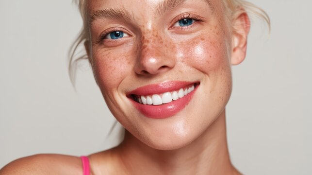 Beautiful young woman with freckles and blue eyes smiling brightly