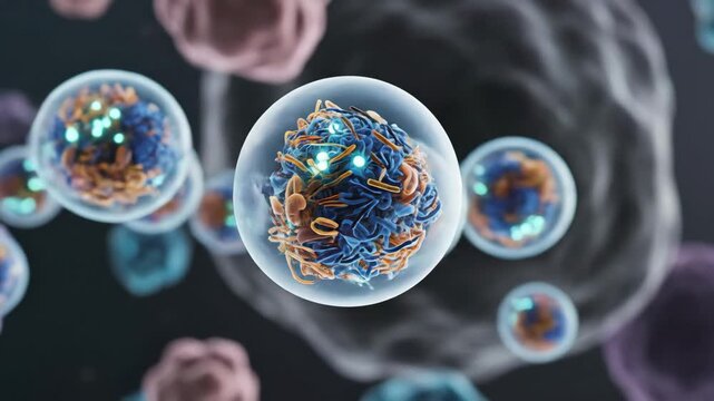 Exosomes released from cellular membranes into the extracellular environment are visualized as nanoscopic lipid bilayer vesicles carrying RNA, proteins, and molecular cargo essential to intercellular