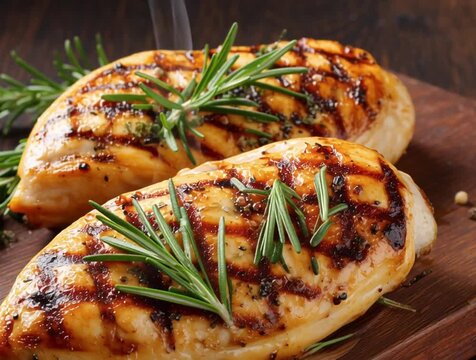Grilled chicken breast with fresh rosemary on cutting board
