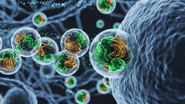 Exosomes released from cellular membranes into the extracellular environment are visualized as nanoscopic lipid bilayer vesicles carrying RNA, proteins, and molecular cargo essential to intercellular