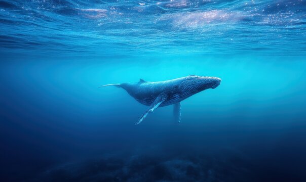 Majestuosa ballena jorobada nadando bajo la superficie azul del oc&eacute;ano profundo y cristalino.