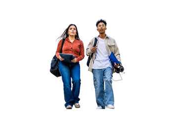 Fototapeta premium Diverse students walking, carrying school supplies, ready for learning and education. PNG