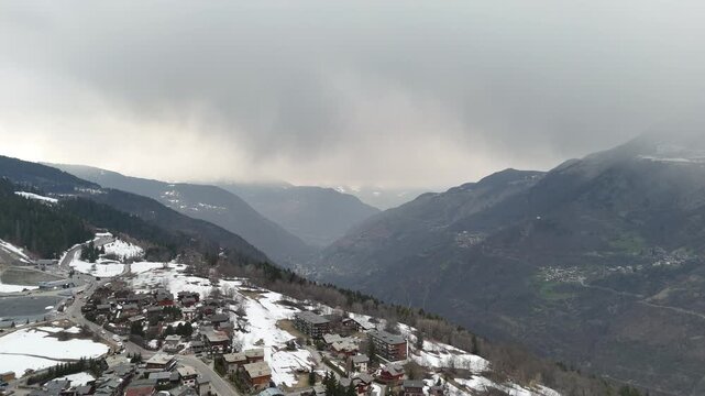 Aerial view of le Praz village in Courchevel ski resort by winter