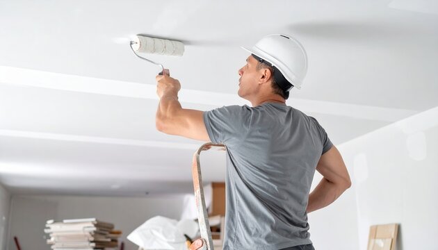 Trabajador con casco pinta techo interior de blanco usando rodillo, renovaci&oacute;n del hogar.