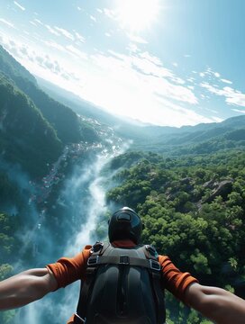 Skydiver looking down into green foggy valley