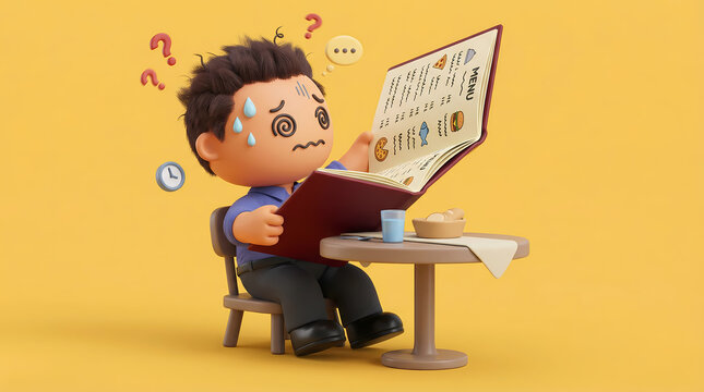 3D cartoon man experiencing menu anxiety restaurant overwhelmed choosing food at a bistro table for marketing and educational presentations
