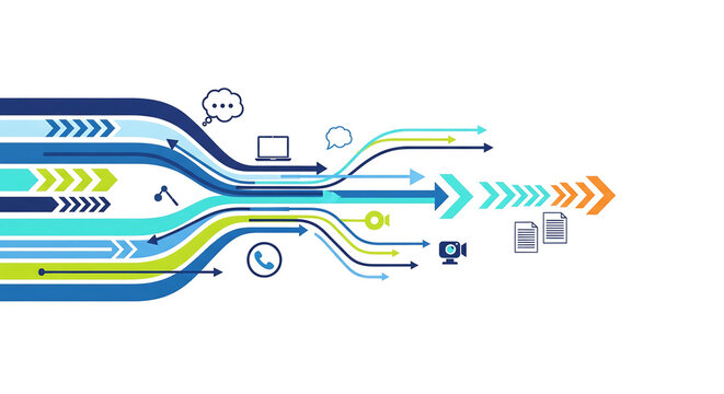 A fluid and colorful abstract illustration visualizes various digital data streams merging and accelerating forward, represented by an array of parallel and converging lines in shades of blue, green