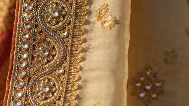 Close-up of intricate gold zari embroidery on traditional indian silk fabric, featuring floral and paisley motifs, representing heritage and craftsmanship