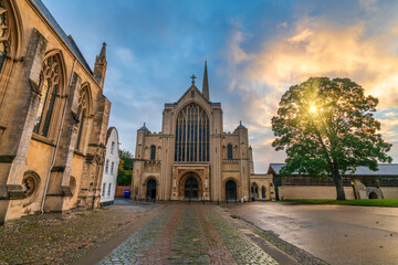Norwich cathedral front view at sunrise. England