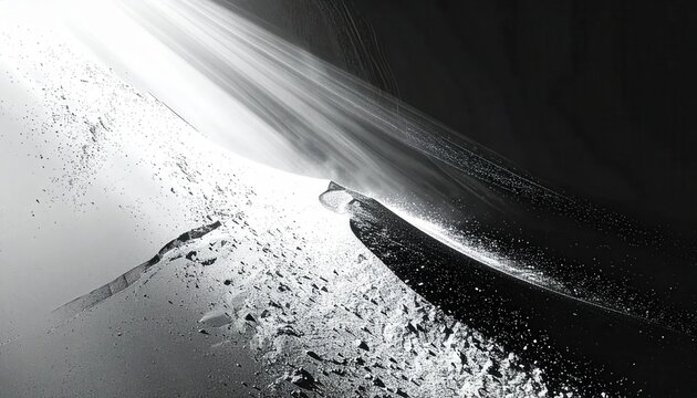 Impacto dram&aacute;tico de nieve y hielo cayendo en alto contraste blanco y negro, textura abstracta invernal.