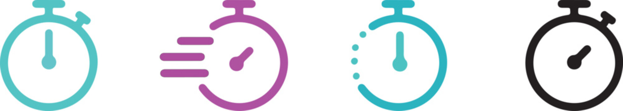 Colorful vector graphic illustrations of stopwatch icons in different styles and colors