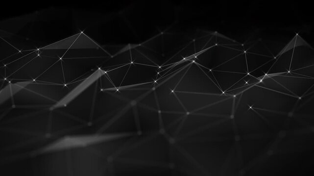 Exploring abstract plexus network in a dark setting with moving points and shapes showing dynamic connections over time
