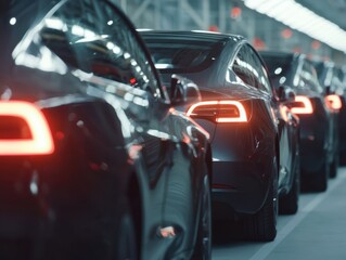 Fototapeta premium Row of new electric cars with glowing taillights in a modern factory setting