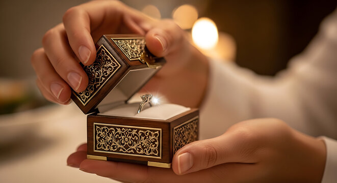 A person holding an intricately designed jewelry box with a diamond ring inside