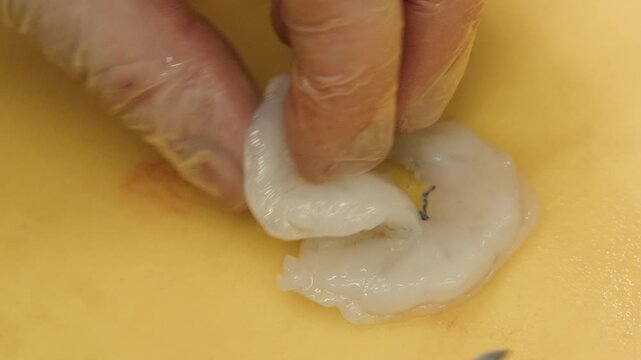 Cooking big shrimps and mussel seafood on frying pan. Preparation langoustines. Closeup. Top view. Vertical footage