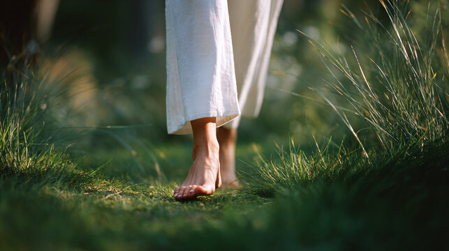 young  person walking on the grass with barefoot