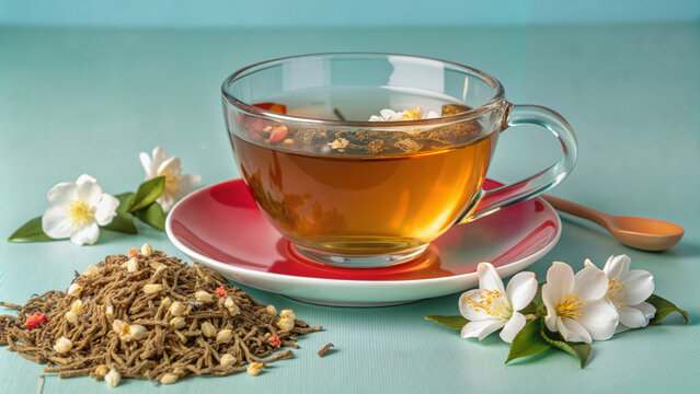 Herbal tea in glass cup with flowers and loose tea on teal surface  