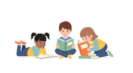 This vector illustration features three diverse children happily reading books together while sitting and lying on a white background.