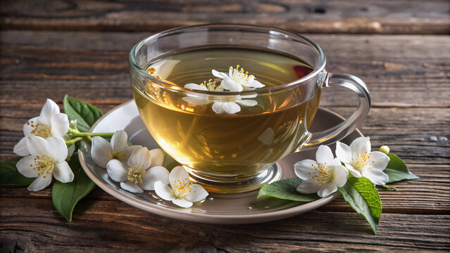 Glass cup of herbal tea with jasmine flowers on wooden background  