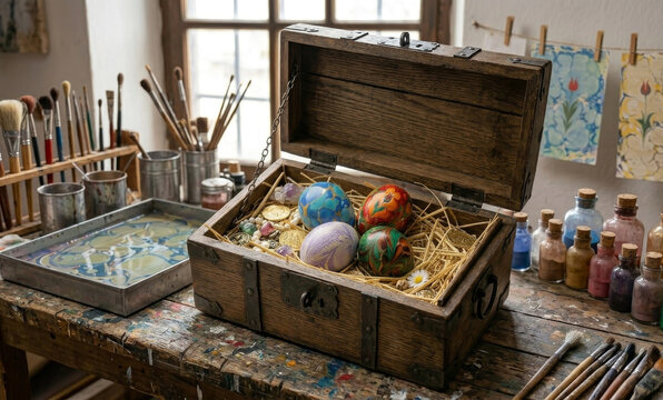 Decorative painted eggs - small trinkets - beads and dried flower