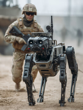 Soldier operating armed robot dog on battlefield during military operation