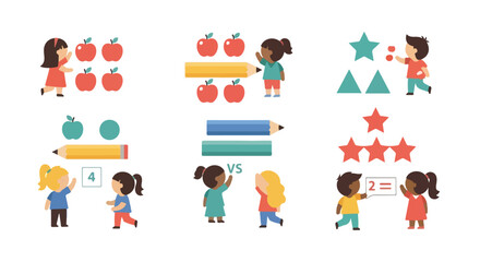 Fototapeta premium Various children engage in basic math and logic activities, like counting apples and comparing shapes, in a flat vector style illustration.