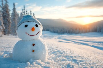 Obraz premium A cheerful snowman stands proudly in a snowy landscape. The sun sets behind distant mountains. This image captures the essence of winter fun and joy. Perfect for seasonal themes. AI
