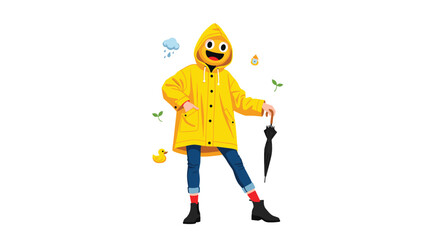 Fototapeta premium A cheerful person with a smiley face head in a yellow raincoat and blue jeans stands holding a black umbrella surrounded by small weather icons.