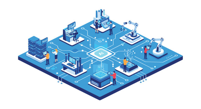 An intricate AI-powered smart factory with robotic arms, data servers, and human operators is centered around an AI chip on a blue platform.