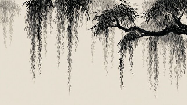 薄いベージュの背景に垂れ下がる柳の枝を描いた中国画風