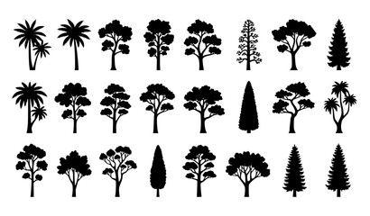 Diverse Tree Silhouette Collection from Tropical Temperate and Boreal Zones Minimal Vector Set © Romjan