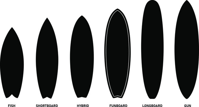Surfboard silhouette collection, surf board types set, fish shortboard hybrid funboard longboard gun shapes, surfing vector illustration, ocean sport design