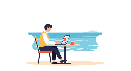 Fototapeta premium A man sits in a chair at a small round table, working on a laptop with a mug, overlooking a blue ocean.