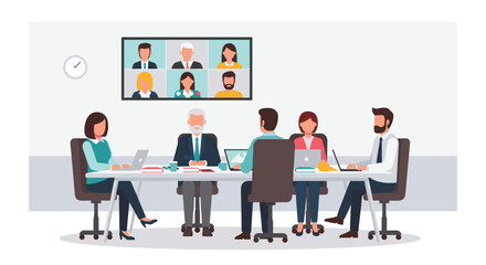 Fototapeta premium Six business professionals are seated at a long table in an office, participating in a video conference displayed on a wall screen.