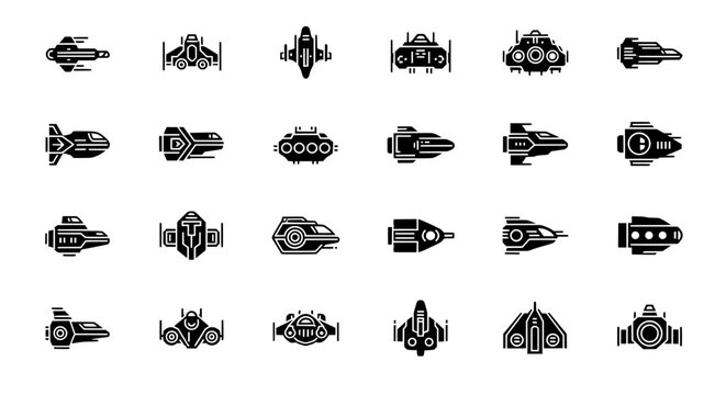 Futuristic Spaceship Glyph Icons Set &ndash; Sci Fi Spacecraft Collection, Alien Ships, Space Vehicles, Solid Vector Icons, Isolated on Transparent Background