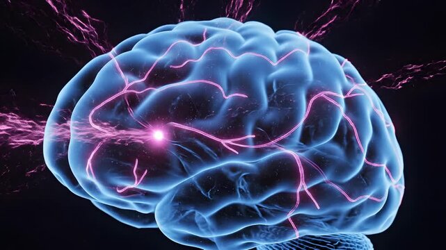 Vibrant blue brain with pink neural activity sparks representing mental health awareness and neurological process visualization