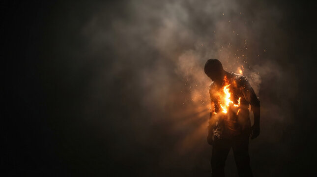 Man engulfed in flames, symbolizing intense emotional struggle and transformation