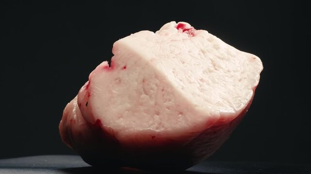Mutton lamb fat, tail sheep fat piece on kitchen, close up of middle eastern traditional lard, chef cooking dish on kitchen. 