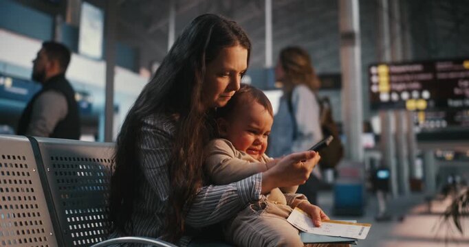 Woman With Small Child Sitting on Lap Interacts With Smartphone, Holding Boarding Pass. Preparation For Flight, Use of Technology to Calm Kids, Passenger Experience of Young Family in Busy Terminal.