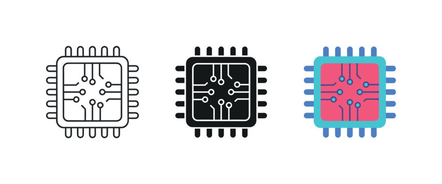 Set of three microprocessor icons showing different styles of integrated circuit chips